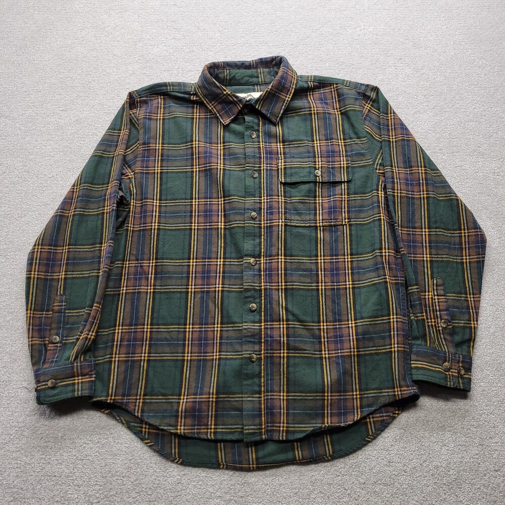 Old Mill Mens Large Plaid Flannel Shirt Green Brown Long Sleeve Button Up